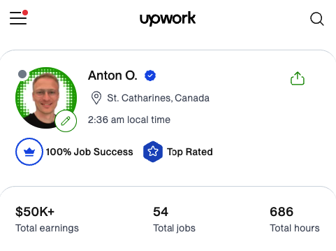 Профиль Антона на Upwork: Top Rated, 100% Job Success, $50K+ заработано, 54 проекта, 686 часов
